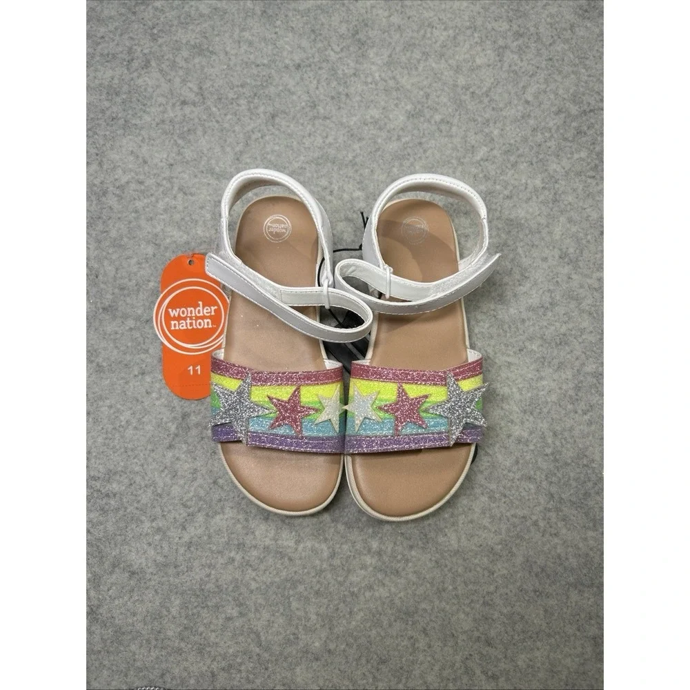 Wonder Nation Toddler Girls White Sandals Rainbow Stars Size 11 Adjustable NWT